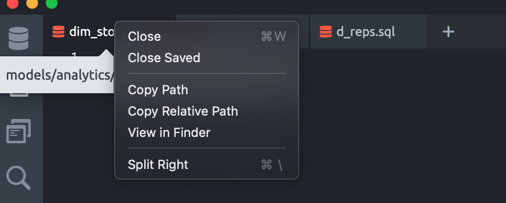 Tab context menu shown on tab