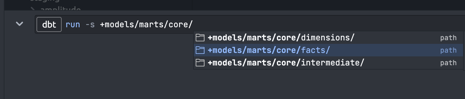 dbt command bar suggestions